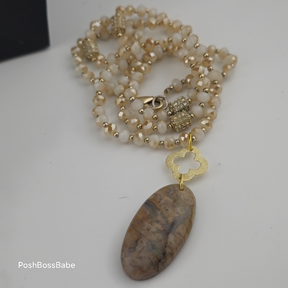 Handmade Crazy Lace Agate Pendant Necklace - Gold Accents, Natural Stone, 30" - Picture 5 of 16